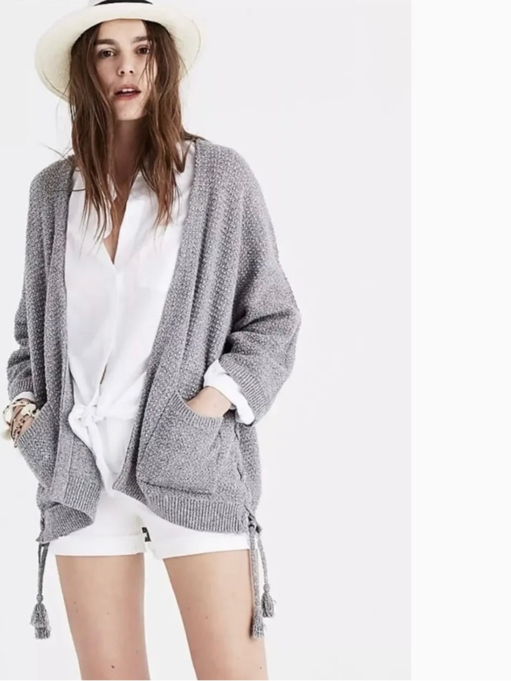 Madewell Side Lace Gray Cardigan Sweater Open Ties Seed Stitch size XS